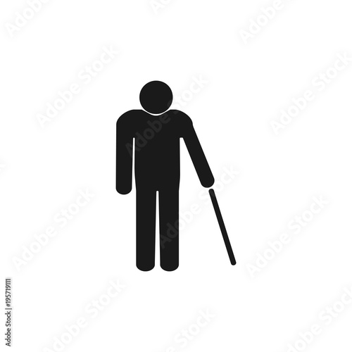 Old man with a cane. Grey on white background. Flat design. Vector illustration.