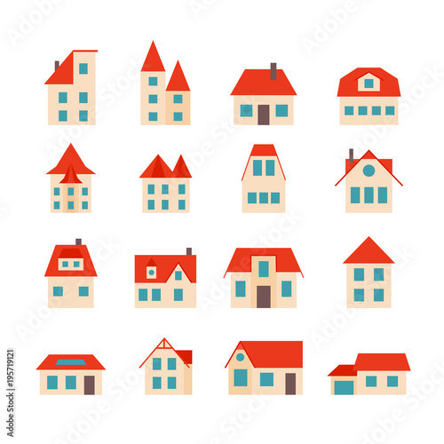 Set of simple houses with orange roof. © poganka06
