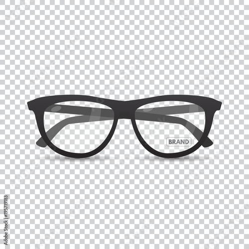 Stylish hipster optical glasses. Eyeglasses with lens glare. Retro specs for style with highlights and a label of the designer's name.