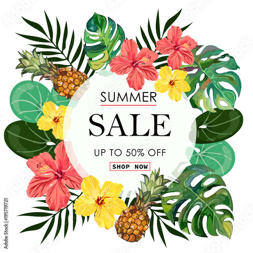 Summer Sale tropical Banner Background.