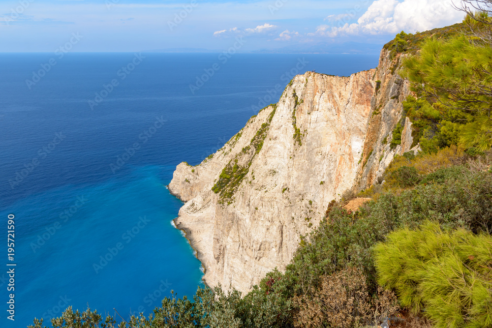 Beautiful blue water and cliff. Beach of Navagio, Zakynthos, Greece.
