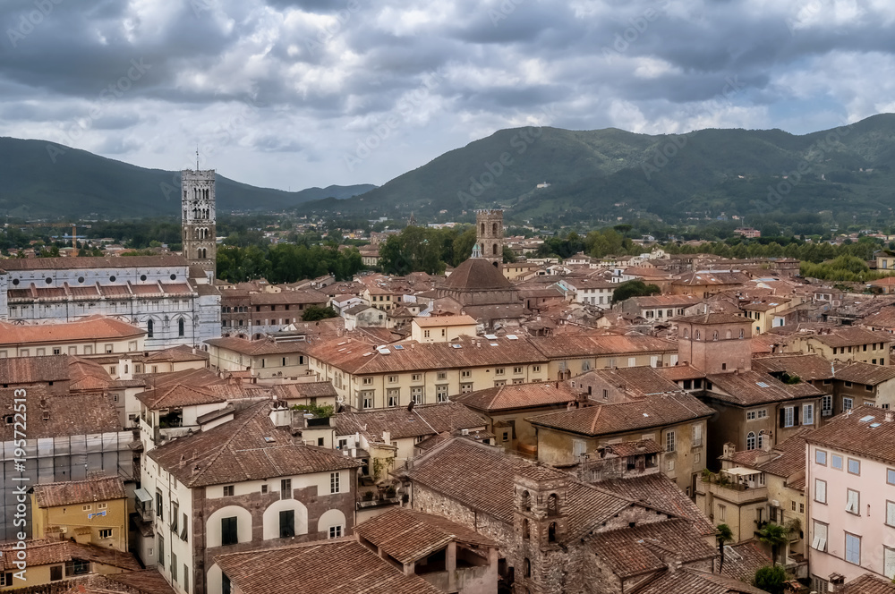 Aerial view of the center of Lucca, Tuscany, Italy from Guinigi Tower