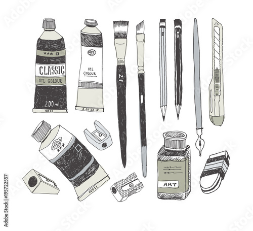 Hand drawn art tools and supplies set