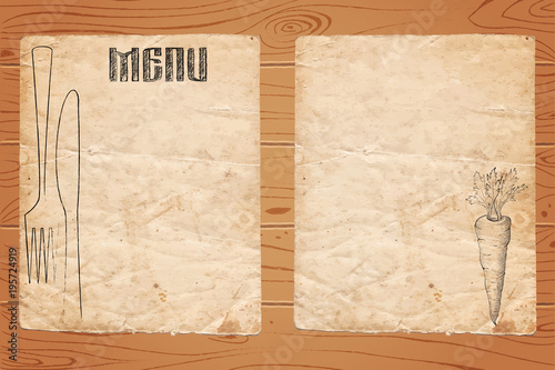 Menu of restaurant on old paper with hand rdawn carrot and wooden background