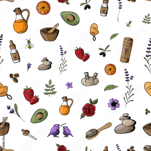 Seamless background on a spa theme, relaxation, massage, ayurveda in gently lilac green tones. Lavender, citric and organic cosmetics. Caring for the body, herbs and massage