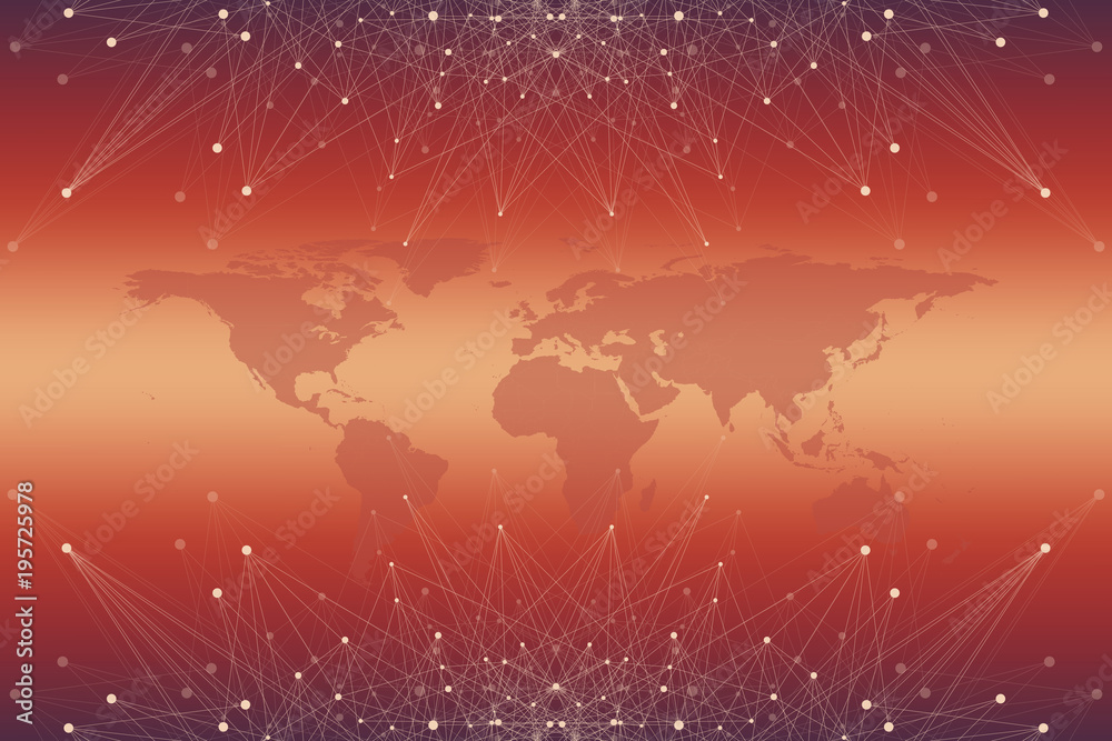 Political World Map with global technology networking concept. Digital data visualization. Lines plexus. Big Data background communication. Scientific illustration.