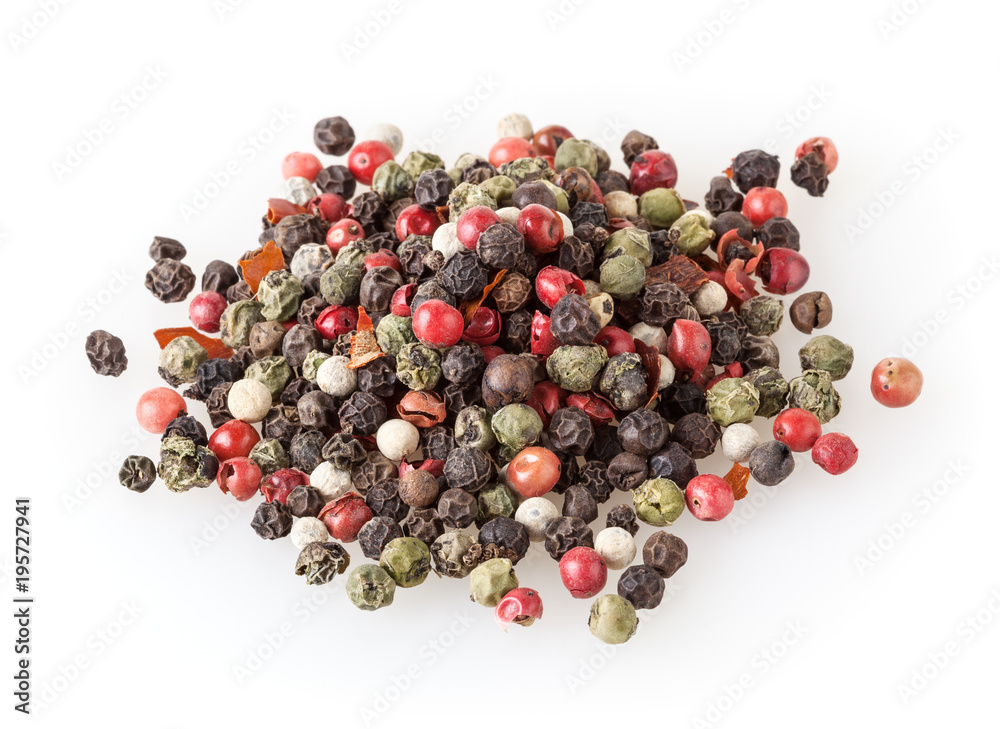 Mixed of diffrent kind peppercorns isolated on white background Mixed of diffrent kind peppercorns isolated on white background