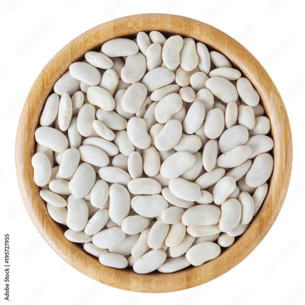 White beans in wooden bowl isolated on white background with clipping path