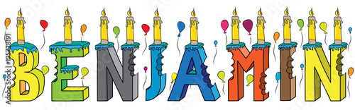 Benjamin male first name bitten colorful 3d lettering birthday cake with candles and balloons