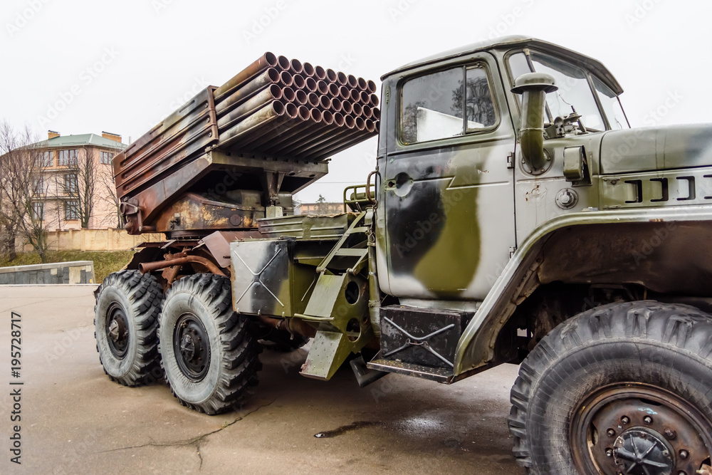 Russian multiple rocket launcher mounted on a soviet military truck Russian multiple rocket launcher mounted on a soviet military truck