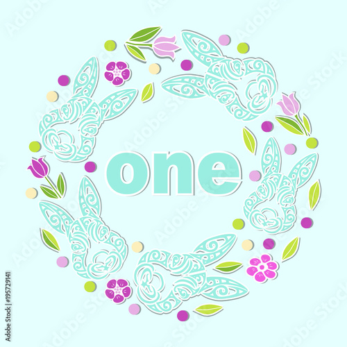 Fototapeta Naklejka Na Ścianę i Meble -  Vector illustration One with Bunny head, flower wreath. Template for Baby Birthday, party invitation, greeting card, t-shirt design. Cute One as First year anniversary logo, patch, sticker.