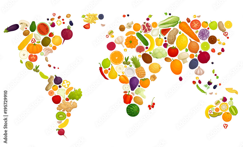 Map of the world laid out of vegetables and fruits. Food in the form of continents. Vector illustration. Map of the world laid out of vegetables and fruits. Food in the form of continents. Vector illustration.