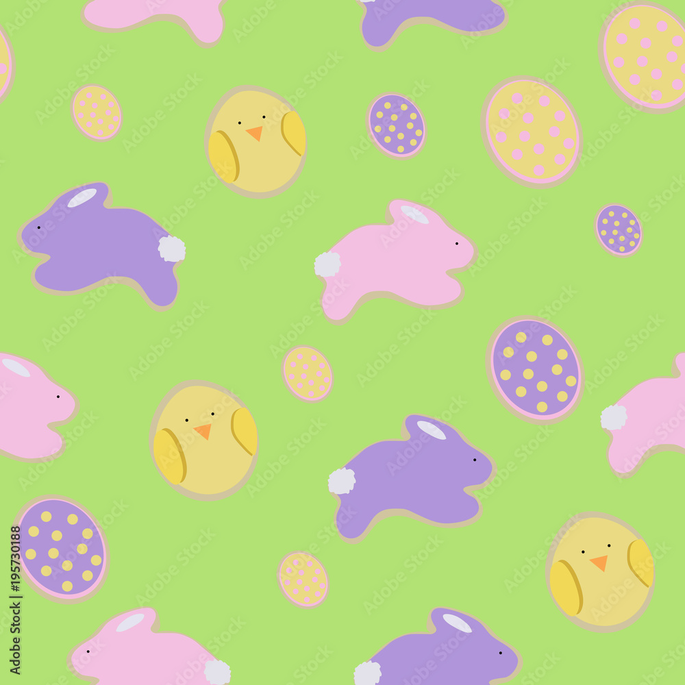 Seamless texture of children's drawing rabbits and chickens green background