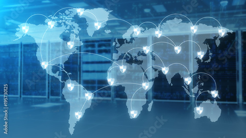 Server room which connected to the global cloud data,3d rendering.