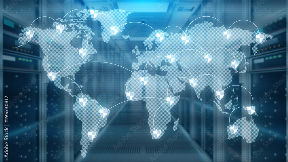 Server room which connected to the global cloud data,3d rendering. Server room which connected to the global cloud data,3d rendering.