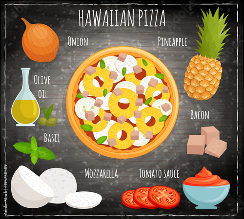 The recipe for cooking Hawaiian pizza. Vector. An unusual pizza with pineapple and bacon.