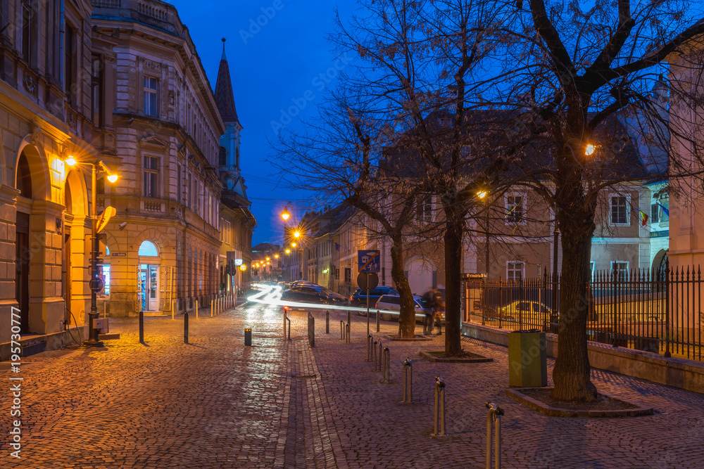Beautiful street in the evening in Sibiu, Romania