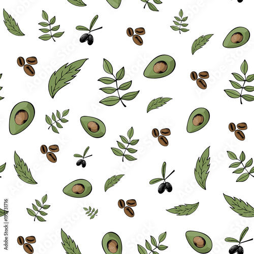 Seamless pattern, background, organic food, natural products, bio-industry. Gently green coffee range. Olives, avocado, coffee. Ingredients for organic cosmetics