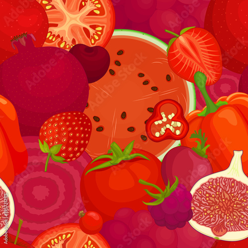 Fototapeta Naklejka Na Ścianę i Meble -  Seamless background of red food. Vector illustration. Backdrop of different vegetables and fruits of red color.