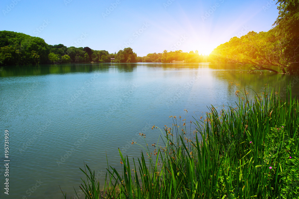 Naklejka premium Woda w jeziorze i słońce
