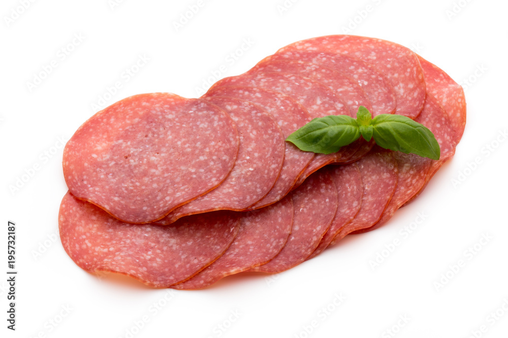 Salami slices isolated on white background. Salami slices isolated on white background.