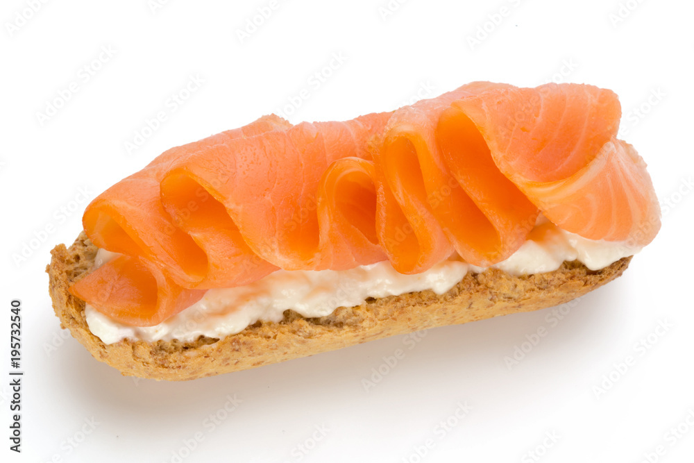 Bread with fresh salmon fillet isolated on white background, top view. Bread with fresh salmon fillet isolated on white background, top view.