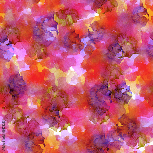 Seamless pattern of watercolor stains: yellow, pink, purple blotches on a white background.