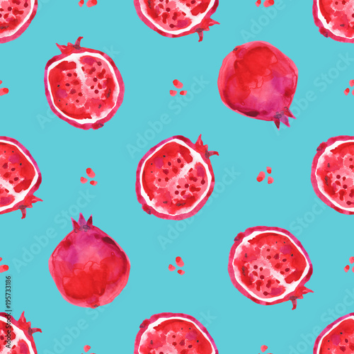 Fototapeta Naklejka Na Ścianę i Meble -  Pomegranate. Seamless Tropical pattern of exotic fruit. Hand drawn Abstract background