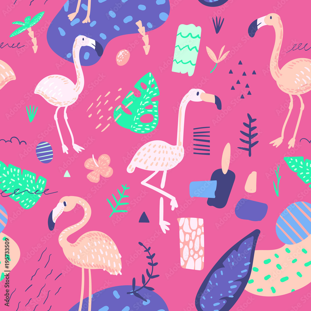 Obraz premium Childish Summer Seamless Pattern with Flamingo and Tropical Plants. Exotic Background for Fabric Textile, Wallpaper, Wrapping Paper. Vector illustration