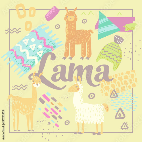 Wildlife Lamas Design. Hand Drawn Abstract Childish Background with Alpacas for Decoration. Vector illustration