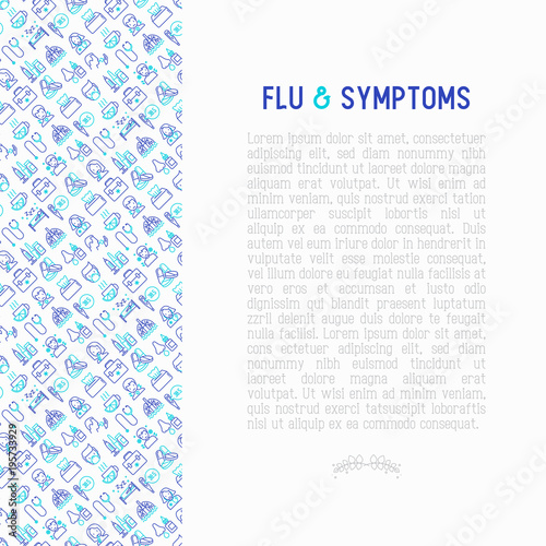 Flu and symptoms concept thin line icons: temperature, chills, heat, runny nose,  doctor with stethoscope, nasal drops, cough, phlegm in the lungs. Modern vector illustration for medical report.