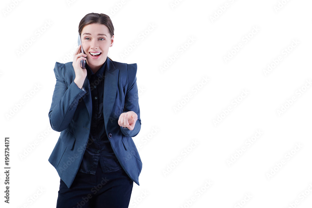 Happy business woman talking on mobile phone. Isolated on white. Happy business woman talking on mobile phone. Isolated on white.