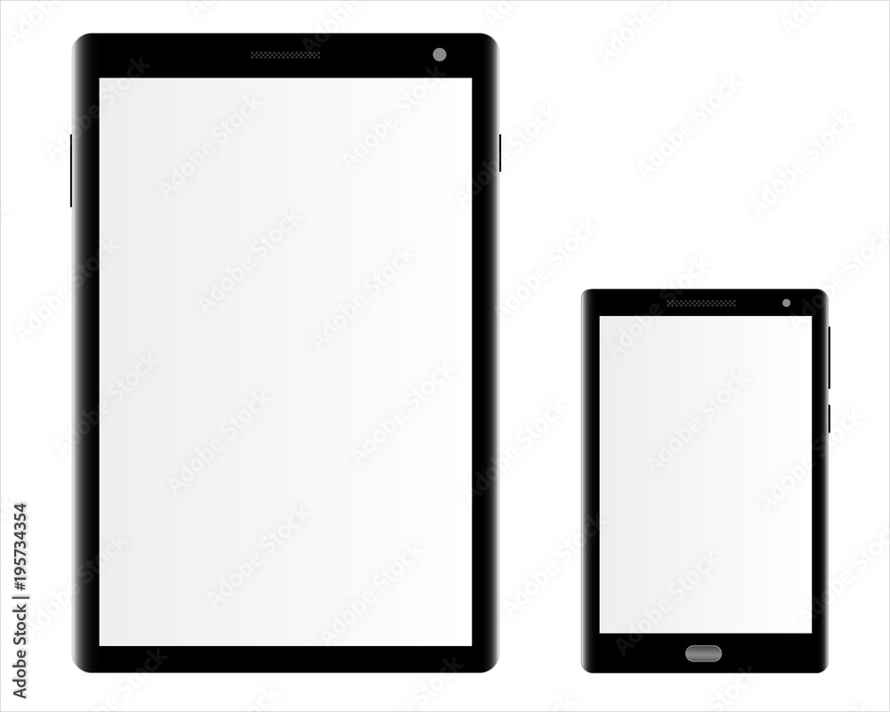 Mockups of tablet computer and a smartphone on a white background. Can be used as a template for your design. Vector illustration. Mockups of tablet computer and a smartphone on a white background. Can be used as a template for your design. Vector illustration.