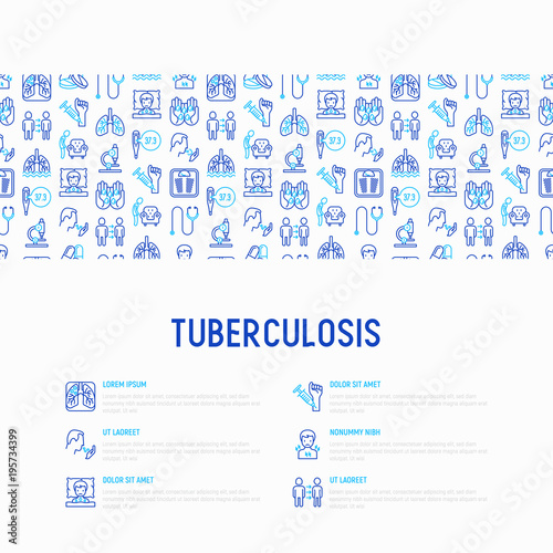 Tuberculosis concept with thin line icons: infection in lungs, x-ray image, dry cough, pain in chest and shoulders, Mantoux test, weight loss. Modern vector illustration for banner, web page template.