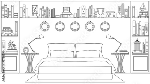 Linear bedroom. Vector illustration. Sketch of a bedroom with furniture racks and books.