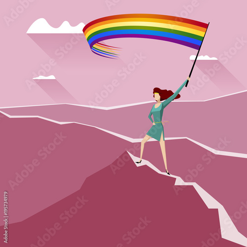 Woman with LGBT Flag on a Mountain Peak