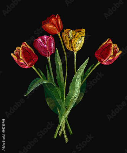 Embroidery bouquet of tulips. Fashionable template for design of clothes, t-shirt design, tapestry. Classical embroidery red and yellow tulips