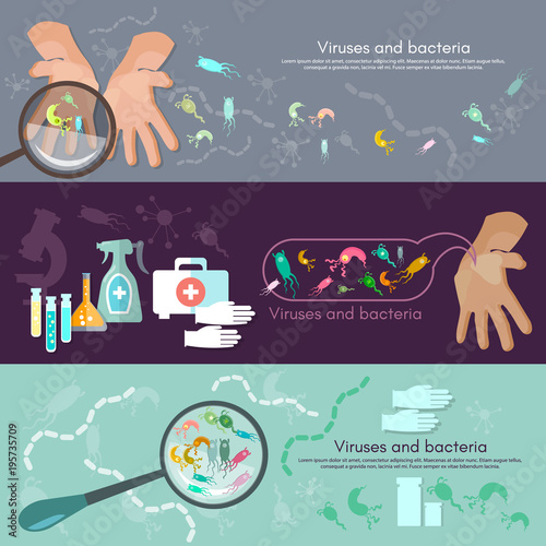 Delivery of medical analyses. DNA research. Microbiology banners, virology hygiene medical research microorganisms, viruses and infections vector