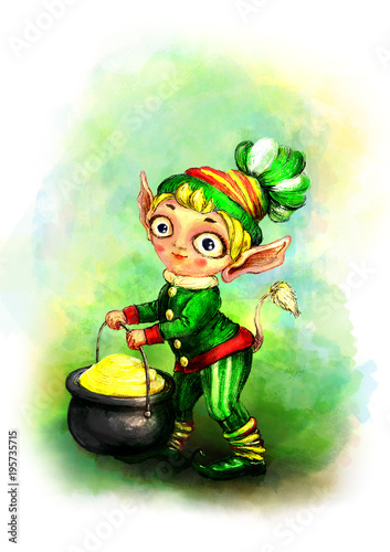 Leprechaun with a pot of gold and clover