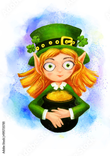 Leprechaun with a pot of gold and clover
