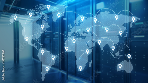 Server room which connected to the global cloud data,3d rendering.