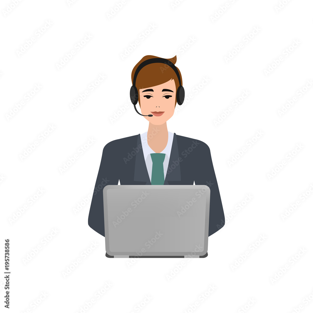 Business man in call center. Customer service character. Illustration vector flat design. Business man in call center. Customer service character. Illustration vector flat design.