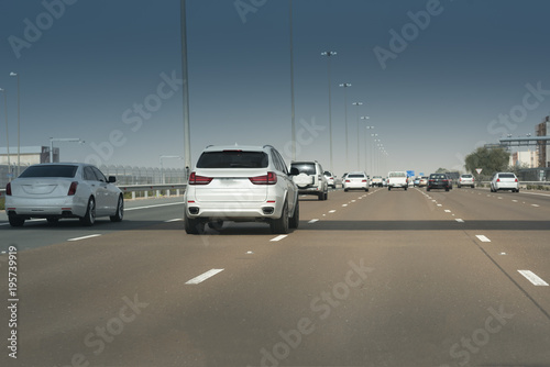 Evening motor Traffic on the arabian highway. One of the Bussiest highways in UAE between Dubai and Aby Dhabi