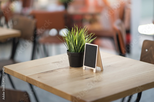 Vase with green grass on the restaurant cafe table. in international airport