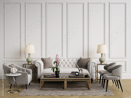 Classic interior.Sofa,chairs,sidetables with lamps,table with decor.White walls with mouldings. Floor parquet herringbone,rug with pattern.Mockup,copy space.Digital ilustration.3d rendering photo