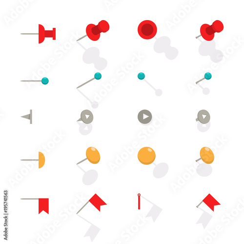 Push pin for map. Vector flat icon set of office thumbtacks isolated on a white background.