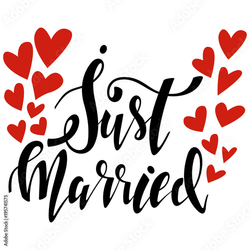 Just married vector handwritten text with red hearts isolated on white background.