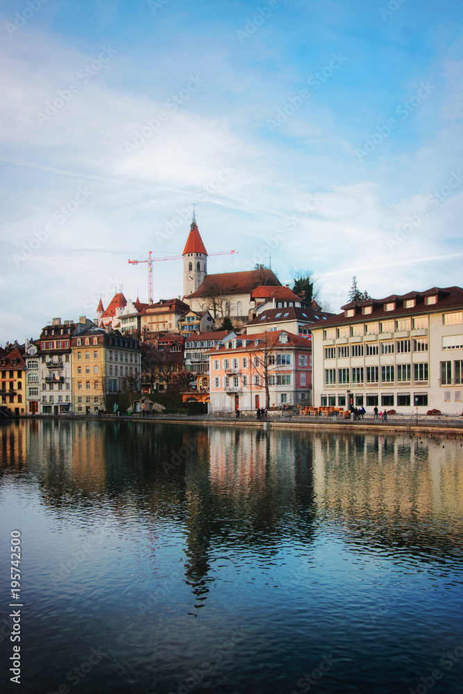 City Church and Embankment at Old Town Thun Switzerland