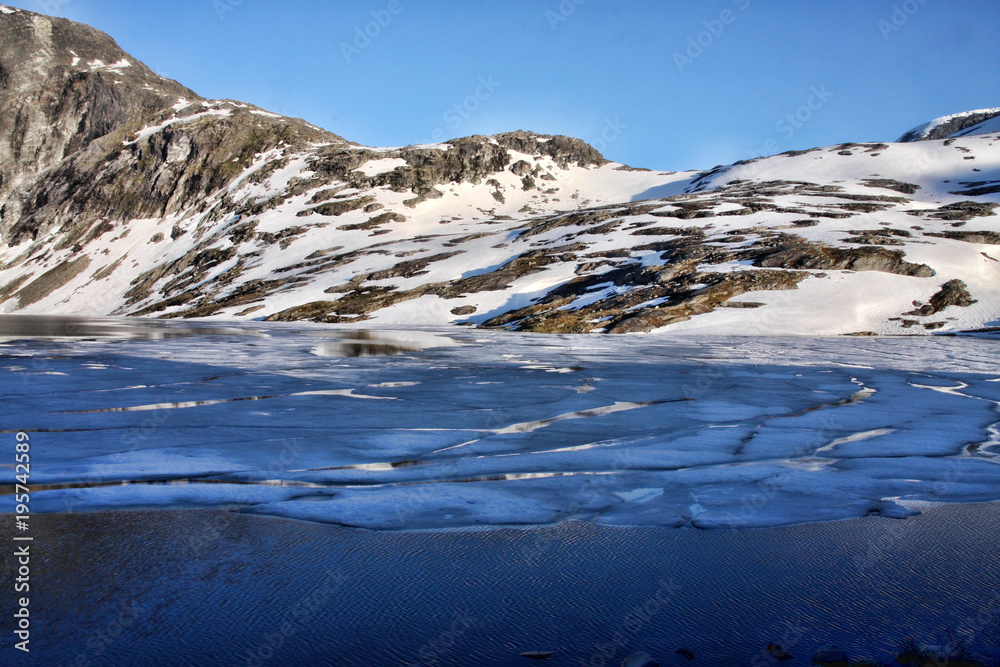 Melting snow on the lake, Norway