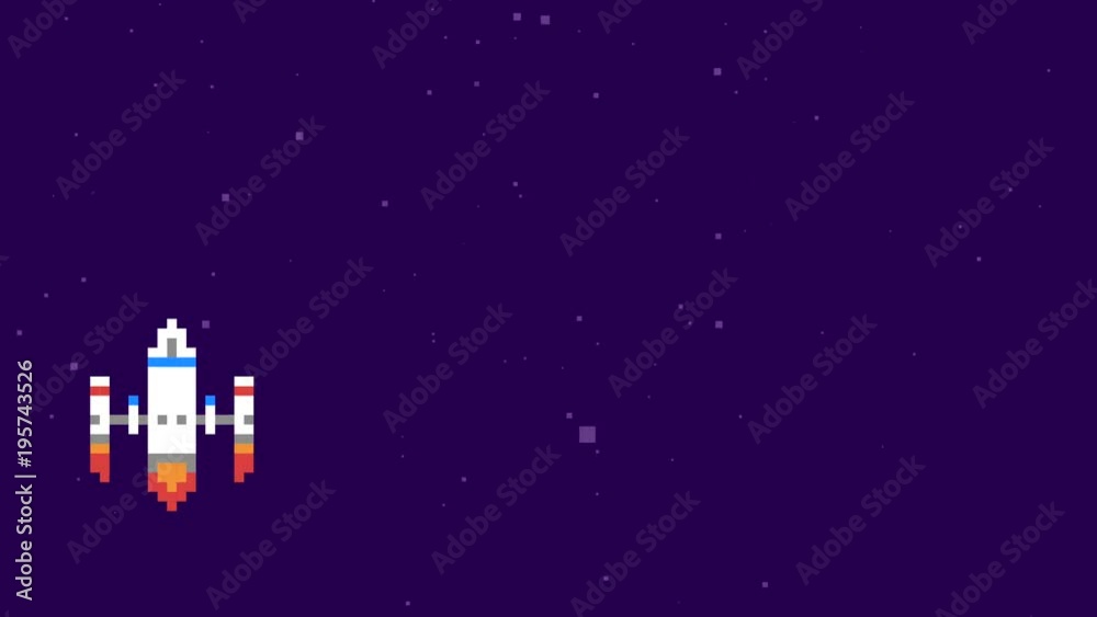 Retro Pixel Art Space Arcade Machine Video Game Animation Concept. Spaceship Colect Coins in Galaxy. Cartoon 4K Motion Design Footage.